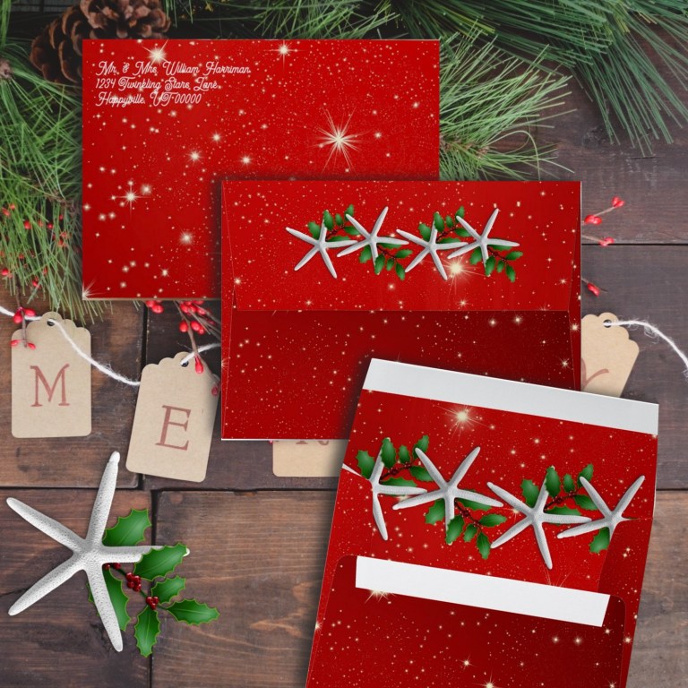 Twinkling stars and starfish decorated envelopes for Christmas
