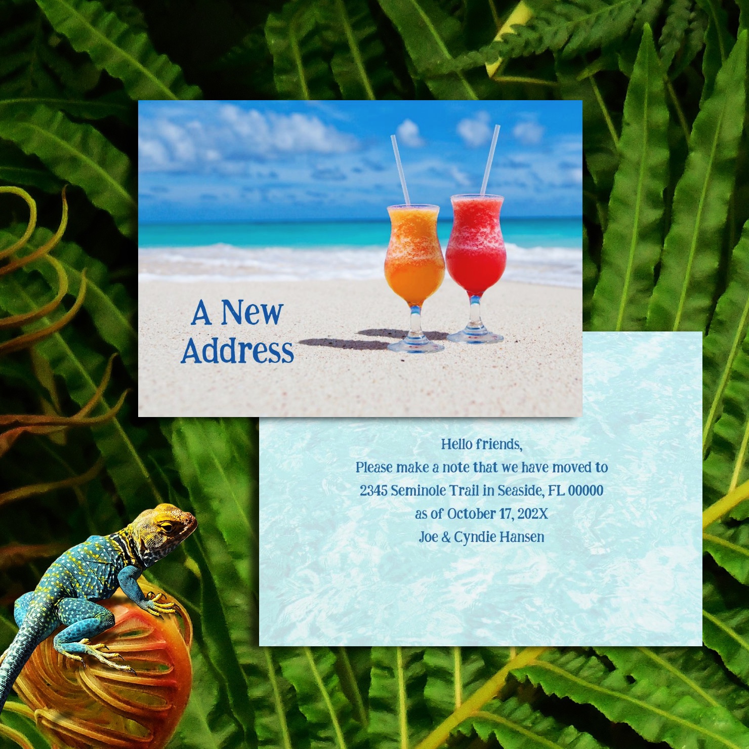 Beach drinks, tropical themed new address announcements
