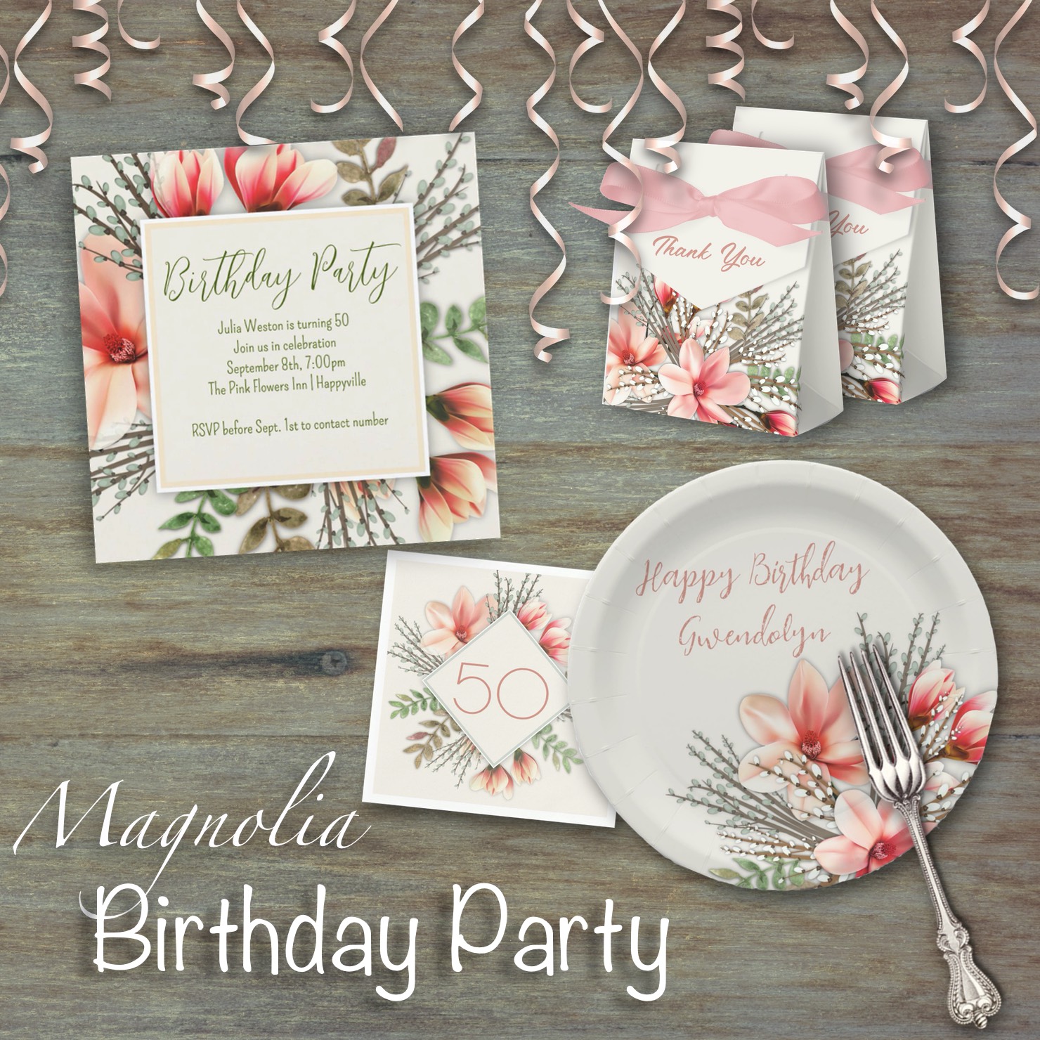 Magnolia flowers birthday party invitations and paper goods.