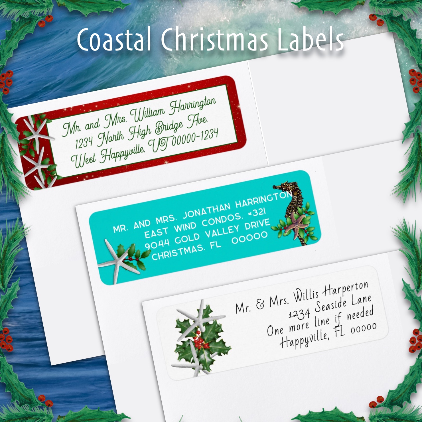 Coastal Christmas return address labels with starfish, sea horses, sand dollars and more.
