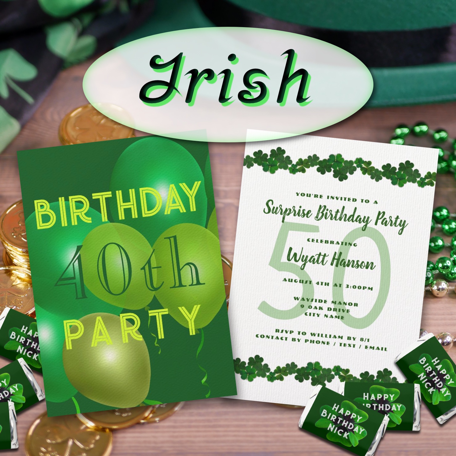 St. Patrick's Day celebrations and birthday party invitations.