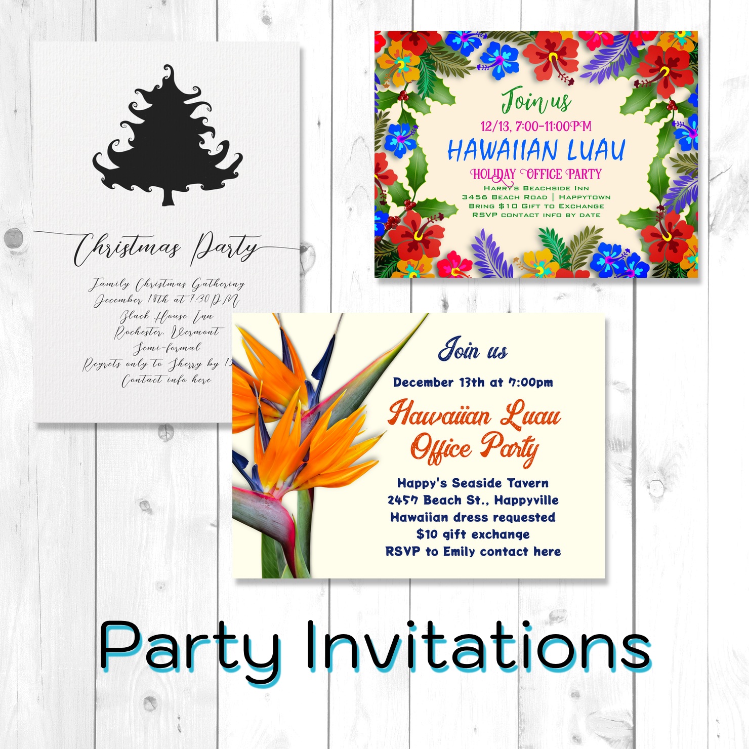 Christmas party invitations tropical and traditional themes