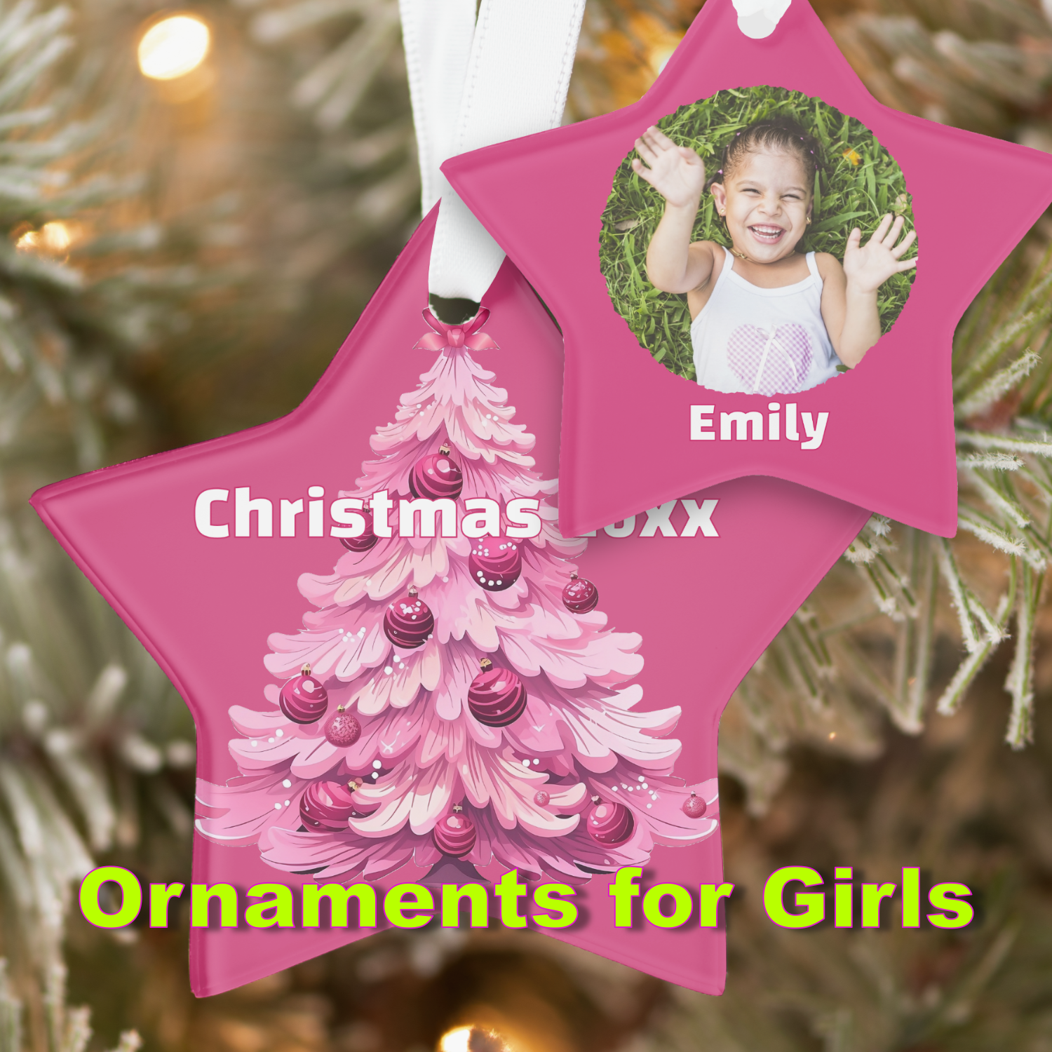 Pink star-shaped Christmas ornament featuring a decorated pink tree and a photo placeholder for a girl named Emily, with the text 'Christmas Ornaments for Girls'.