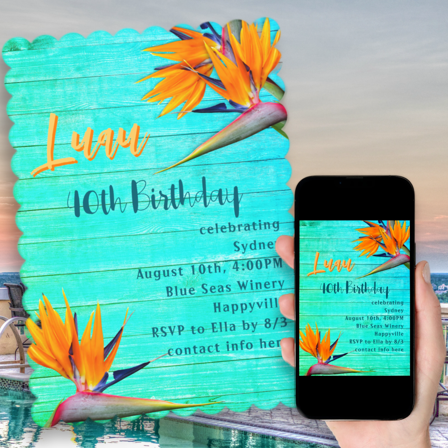 Luau birthday party invitation template with orange bird of paradise flowers and aqua blue wood background