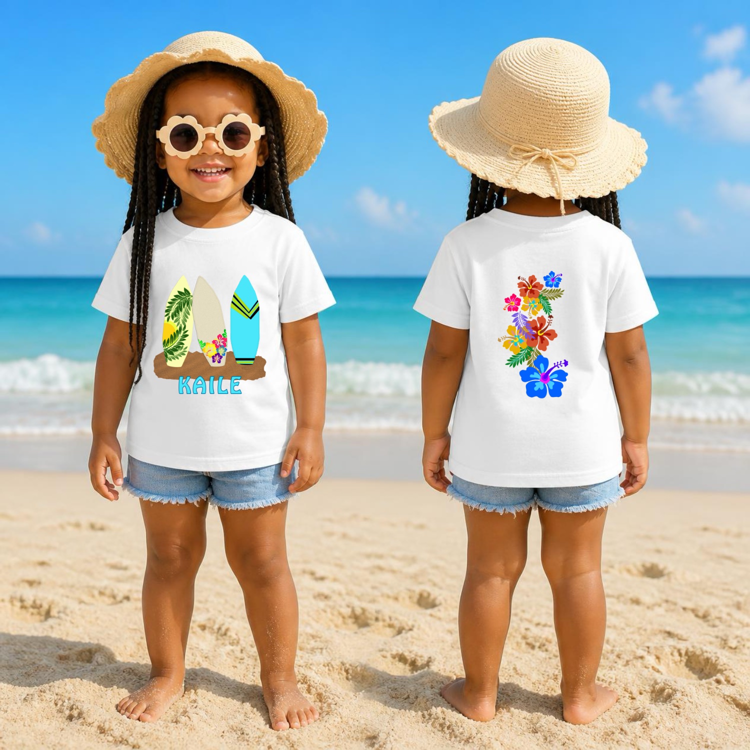 Little girl white t-shirt with beach surfboards and hibiscus flowers