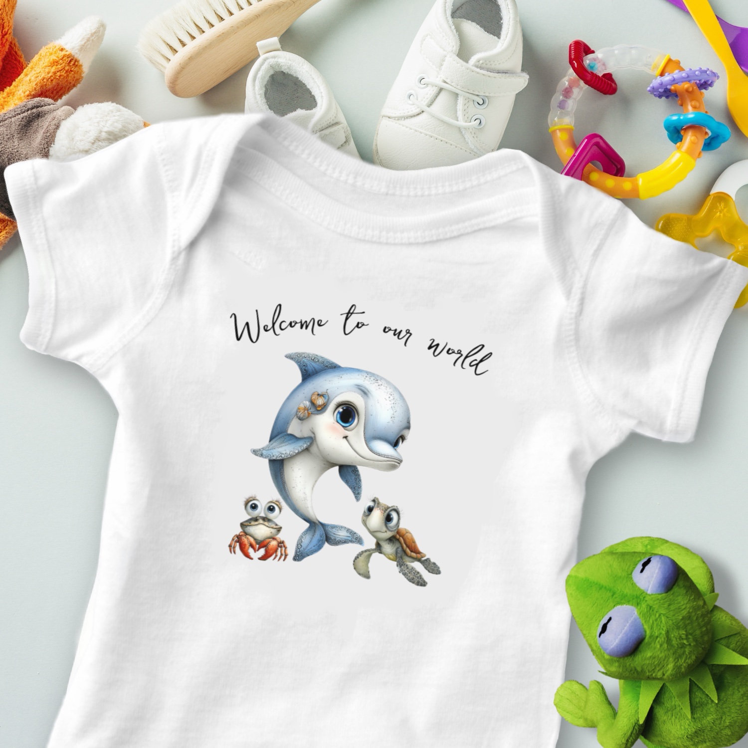 baby one piece tee with dolphin and sea turtle