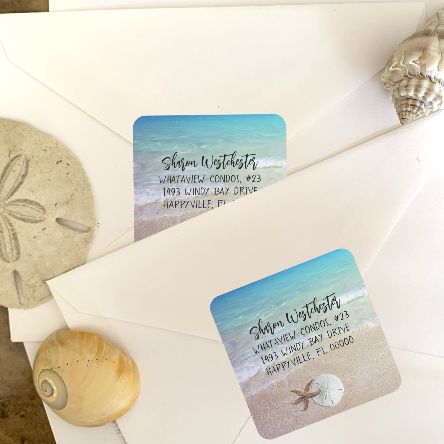Beach and shells return address square sticker 